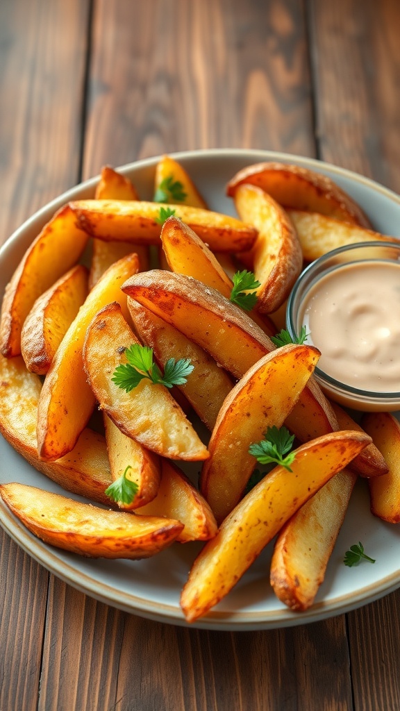 Crispy potato wedges served on a plate with parsley garnish and dipping sauce.